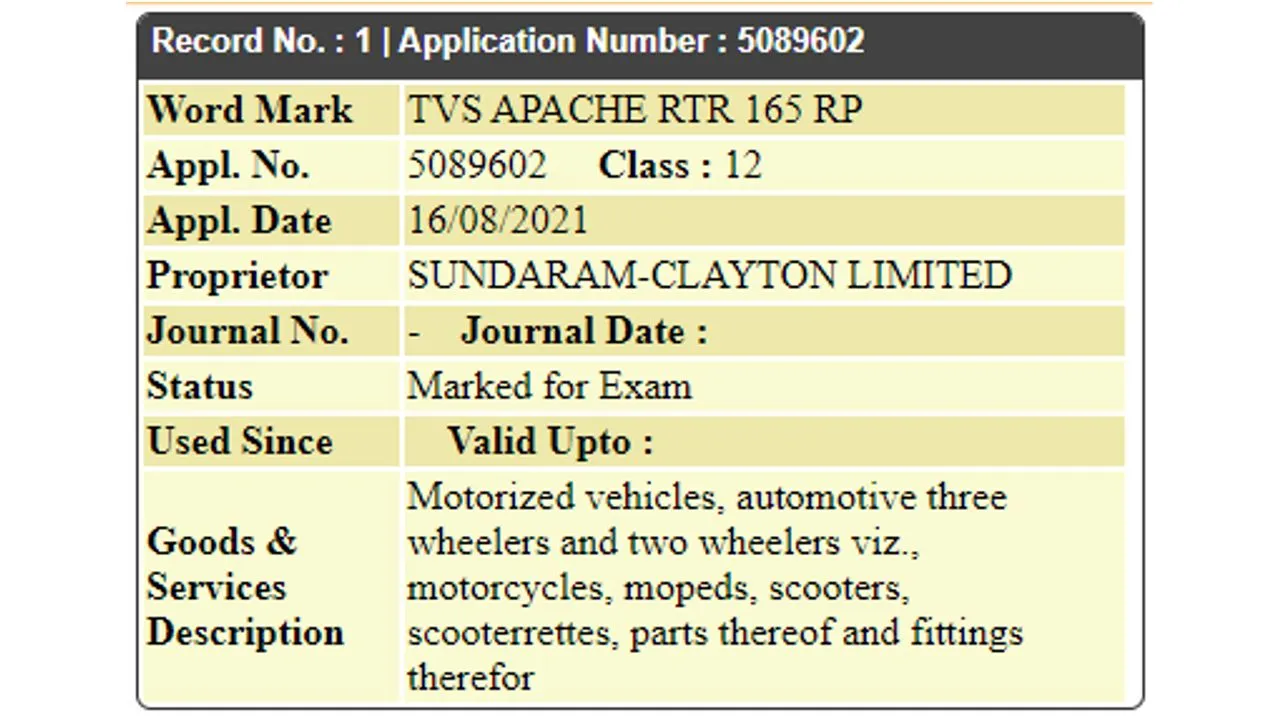 TVS Apache RTR 165 RP Trade Mark TVS Apache RTR 165 RP Trade Mark